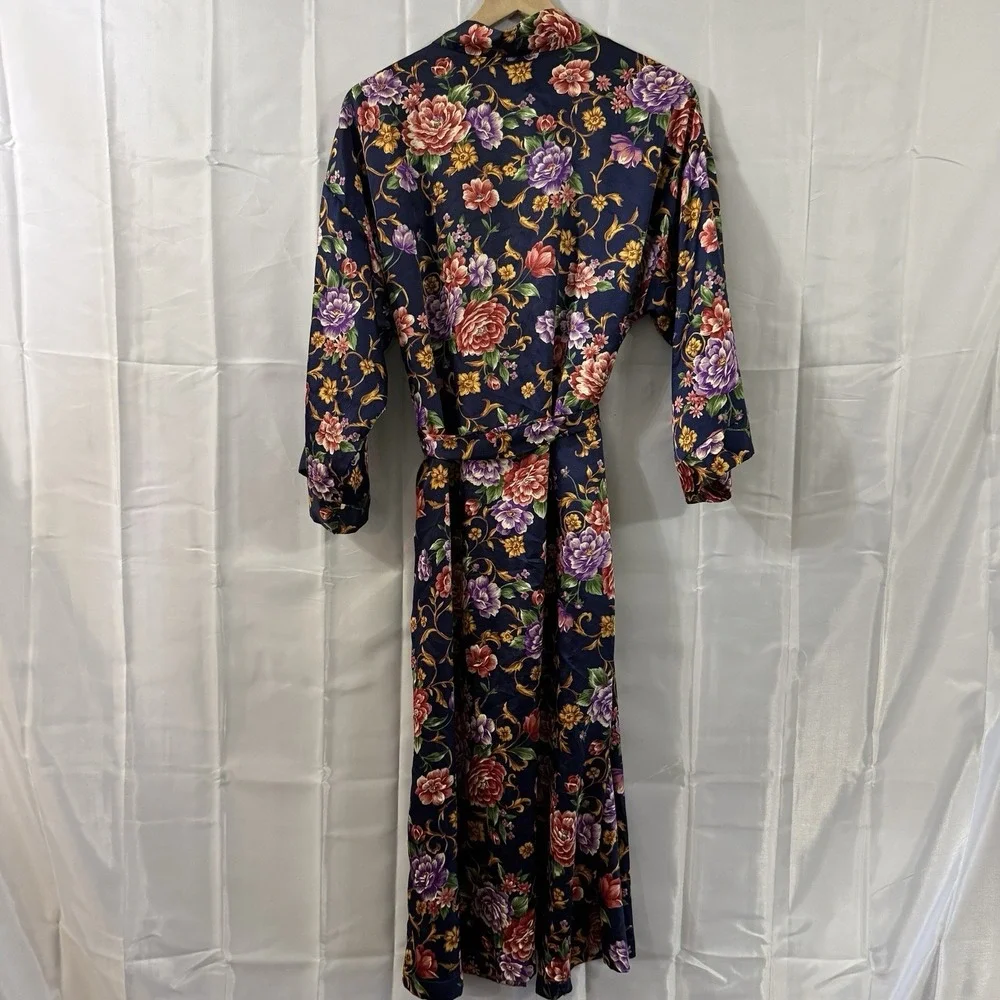 VTG Dentelle L Satin Navy Blue Floral Robe Sleepwear Lounge Kimono Cottagecore‎